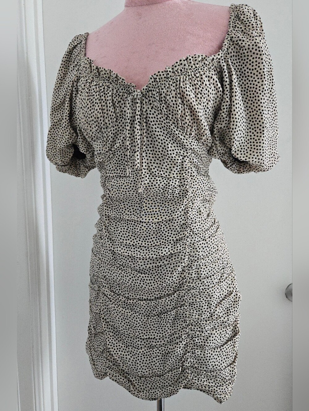 Zara Mini Rushed Bodycon Polka Dot Dress Puff Sleeve Size S